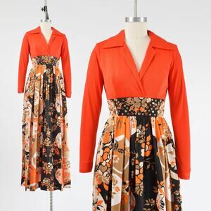 Vintage 70s Orange Floral Rhinestone Evening Gown Psychedelic Party Maxi Dress
